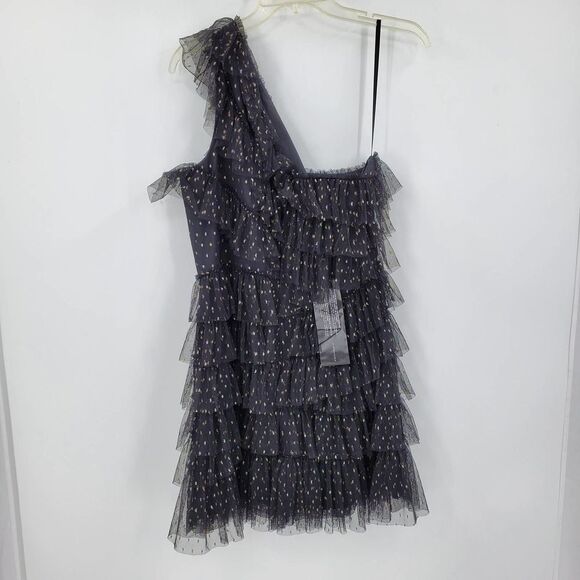 BEBE womens 12 NWT black & gold sheer tiered tulle one shoulder dress - Picture 2 of 2